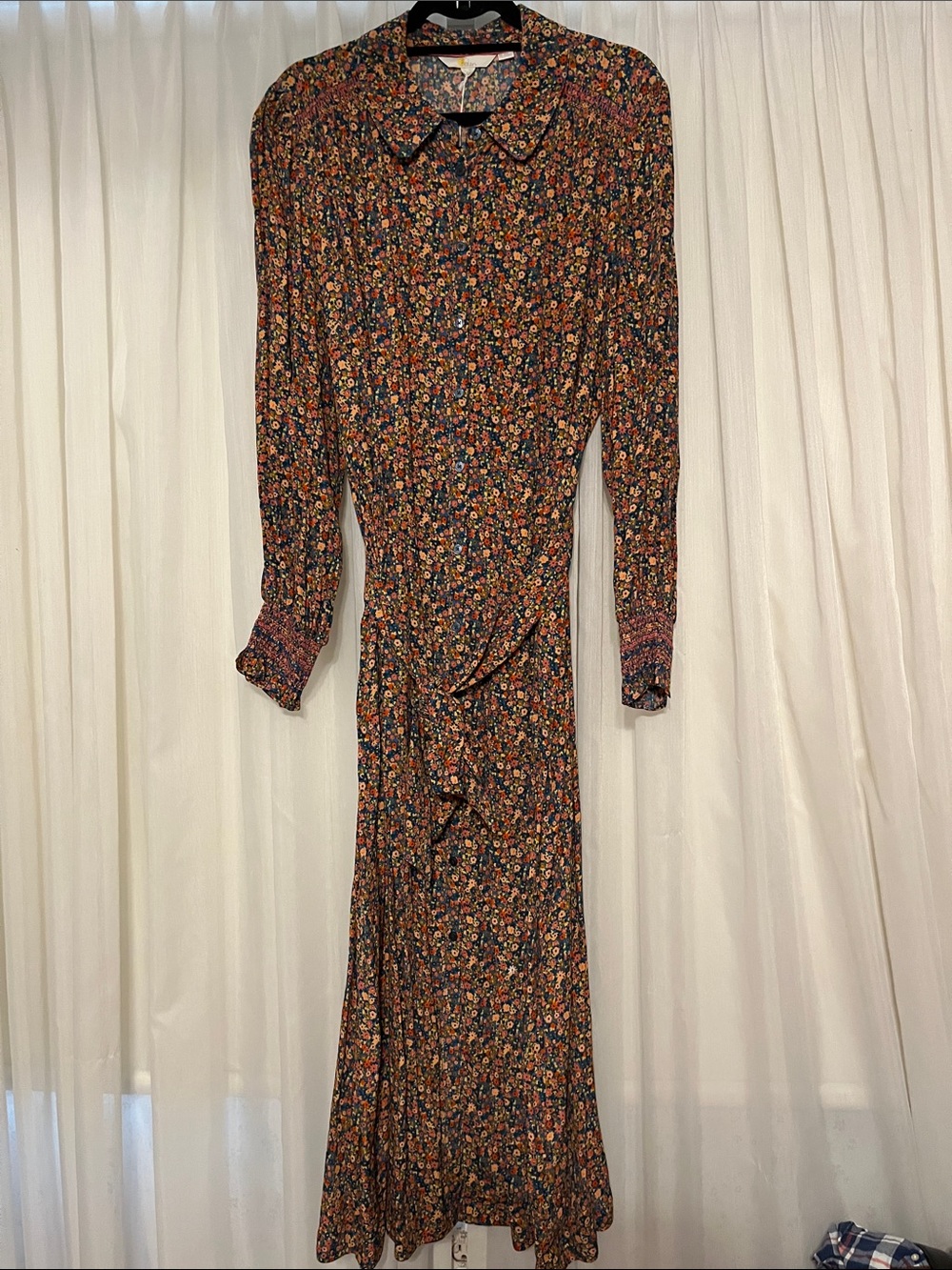Boden Long-Sleeve Floral Maxi Dress in Black with Orange and Blue Accents